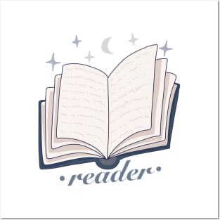 Reader blue open magic book design with stars and the moon Posters and Art